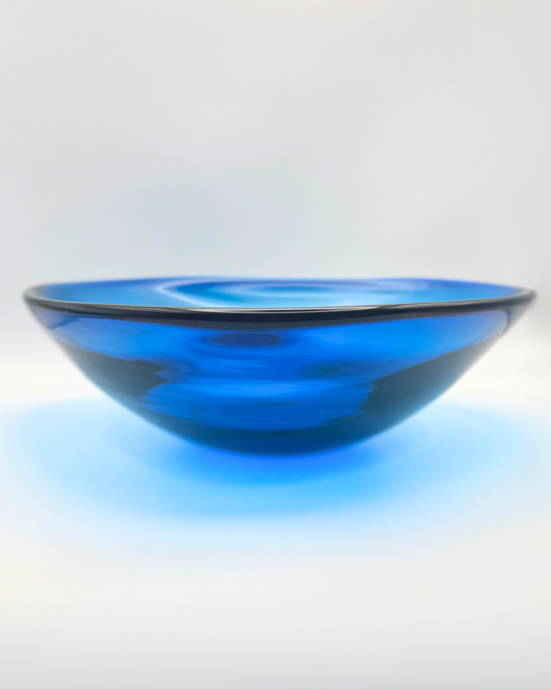 Midcentury Whitefriars #9526 Large Kingfisher Blue Tricorn Encased Glass 10" Fruit Bowl, Designed by Geoffrey Baxter, 1960s