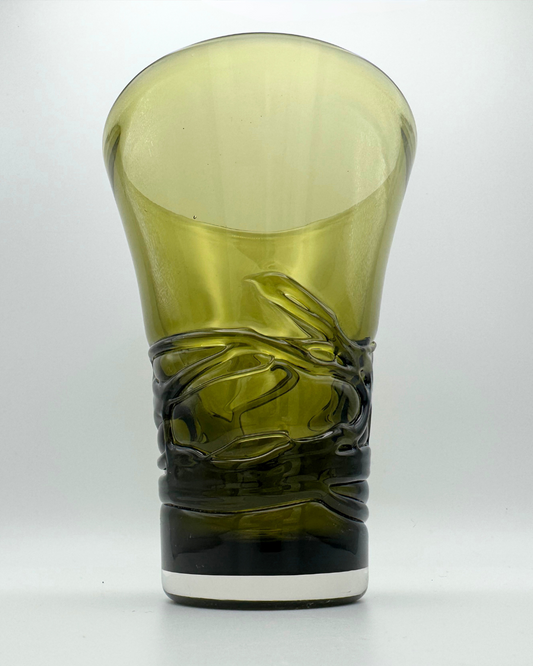 Whitefriars #9798 Sage Green Random Strapped 6" Vase. Designed by Geoffrey Baxter, 1970s