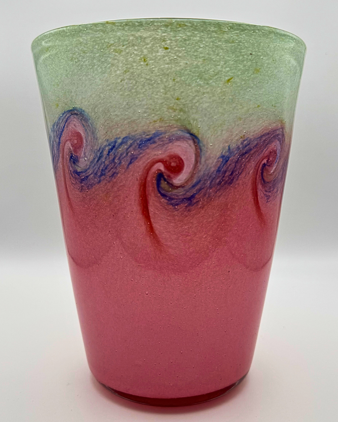 Vasart Signed V002 Salmon & Green 7½" Vase with Molten Blue & Red Swirl, 1940s/50s