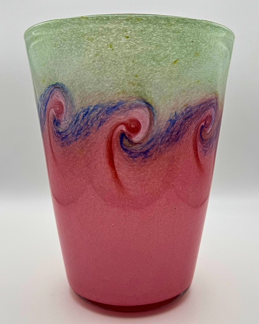 Vasart Signed V002 Salmon & Green 7½" Vase with Molten Blue & Red Swirl, 1940s/50s