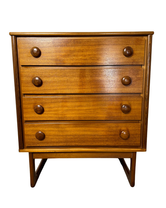 Mid-Century Danish Style Teak & Mahogany Tallboy Chest of Drawers on Sleigh Legs.