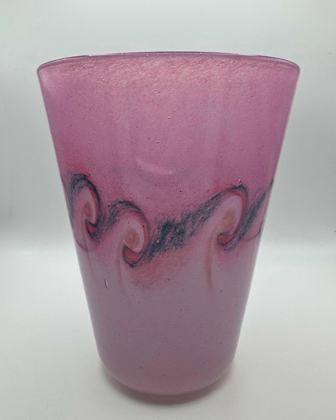 Vasart Signed V002 Pink & Purple 7" Vase with Molten Blue Swirl, 1940s/50s