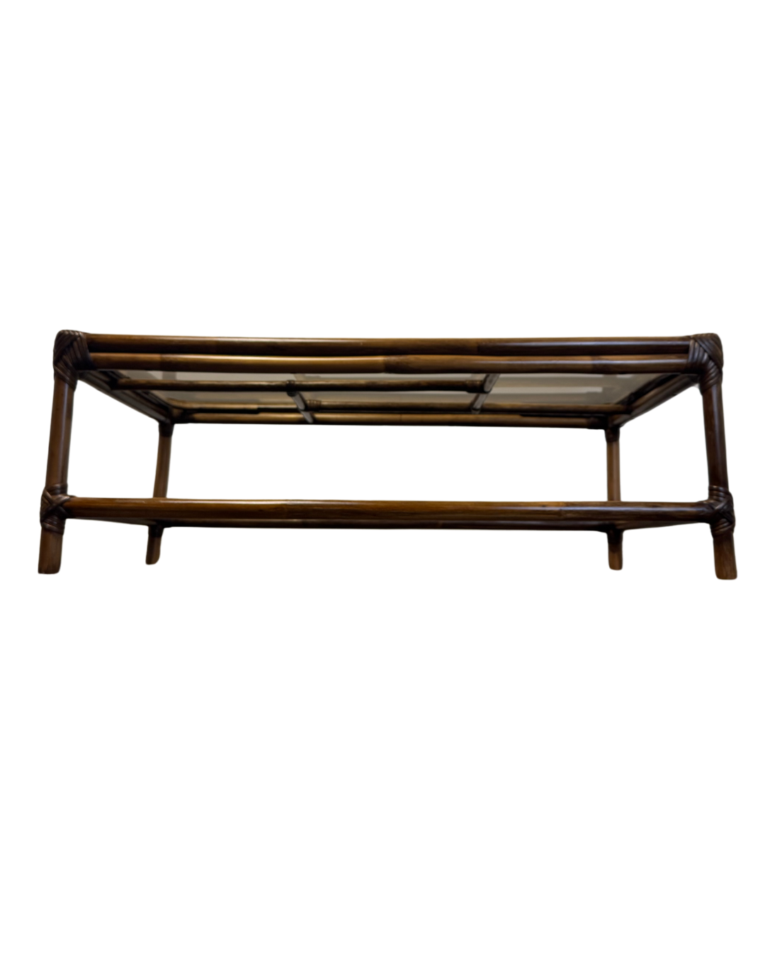 Mid-Century Vintage Smoked Glass Top Low Bamboo Coffee Table. 1960s/70s