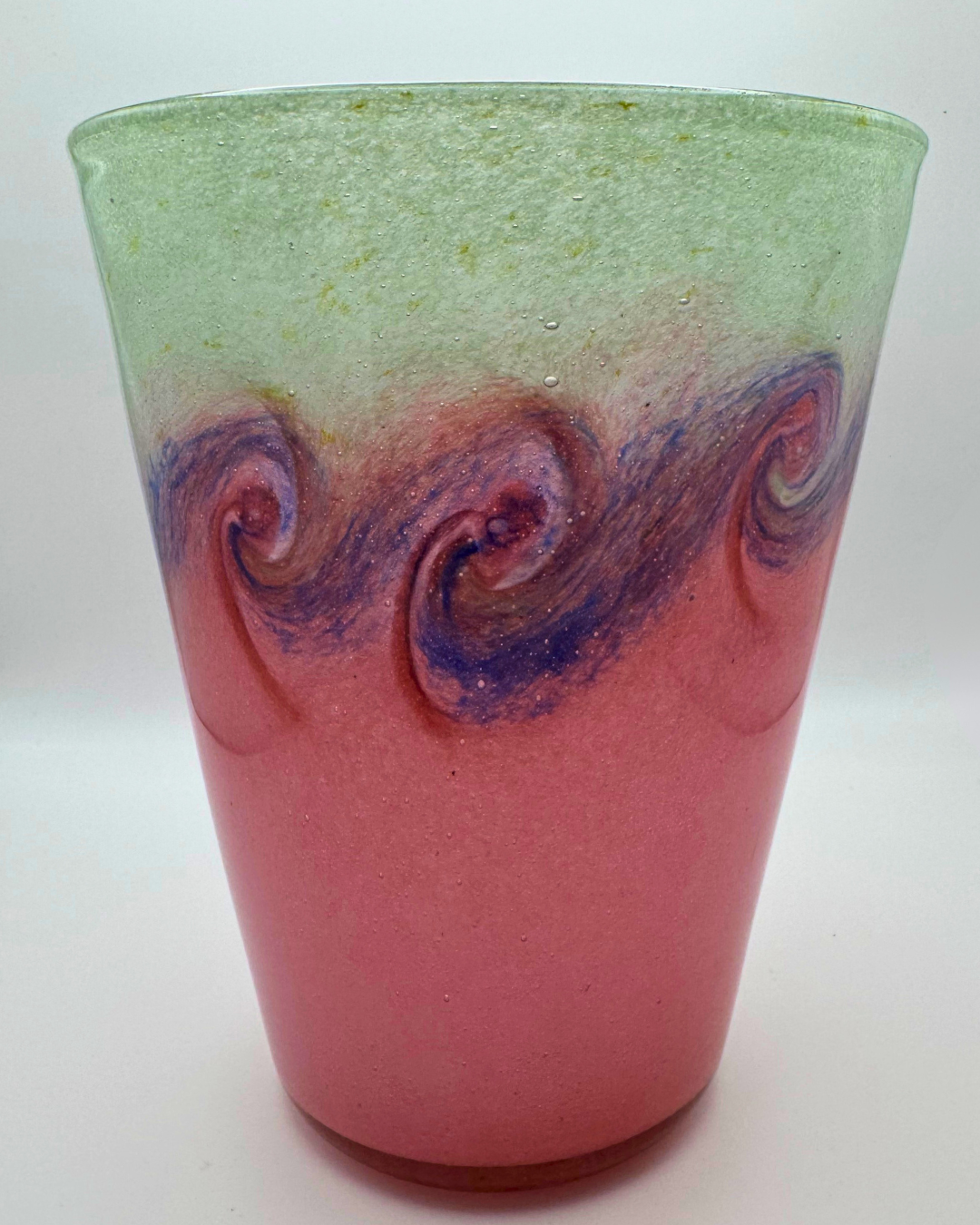 Vasart Signed V002 Salmon & Green 7½" Vase with Molten Blue & Red Swirl, 1940s/50s