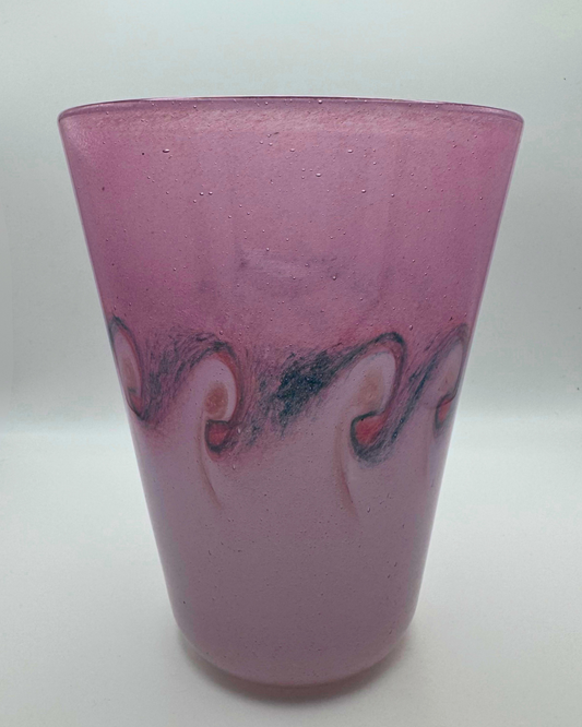 Vasart Signed V002 Pink & Purple 7" Vase with Molten Blue Swirl, 1940s/50s