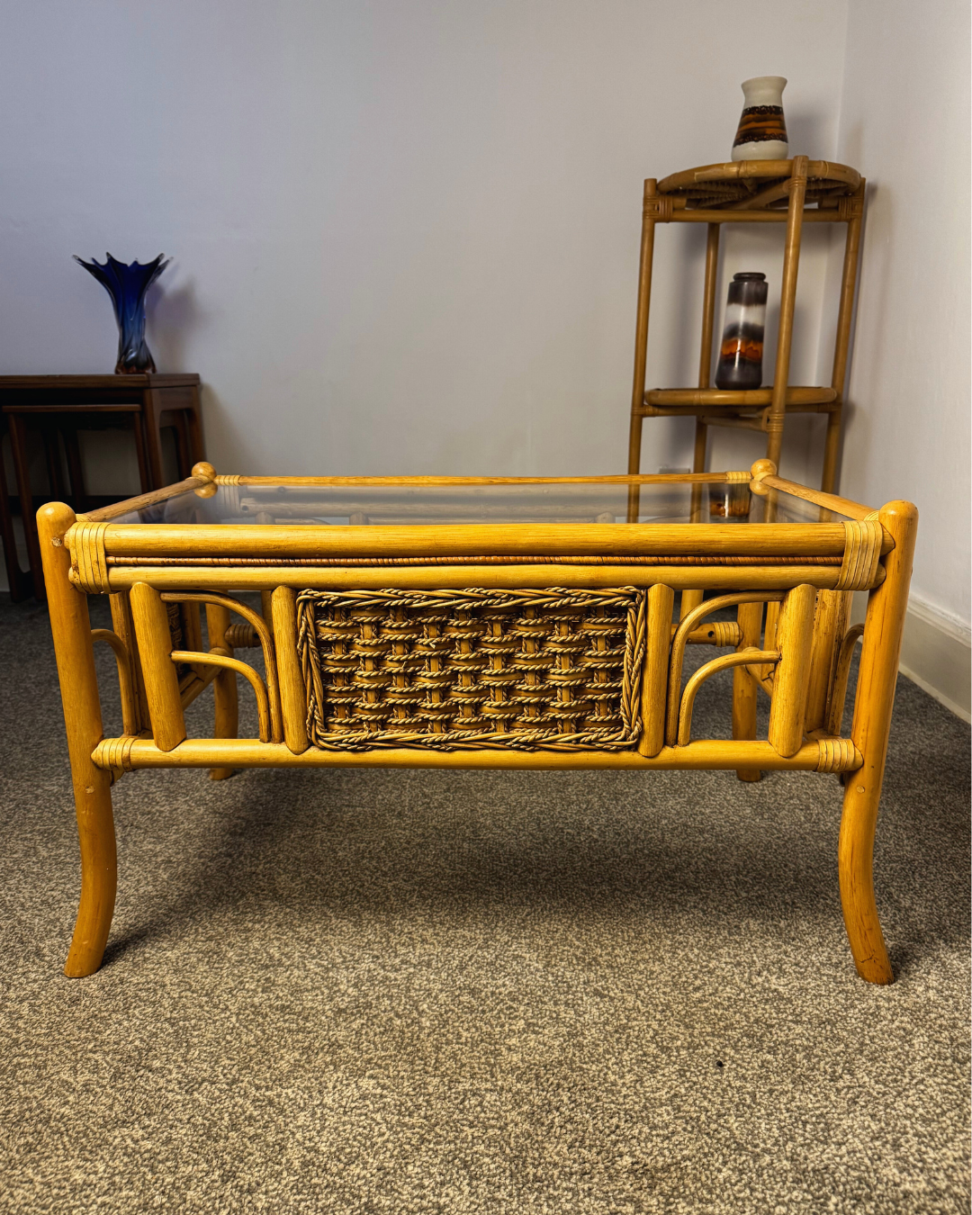 Vintage Tiki Boho Style Glass Top Cane Coffee Table with Woven Panels