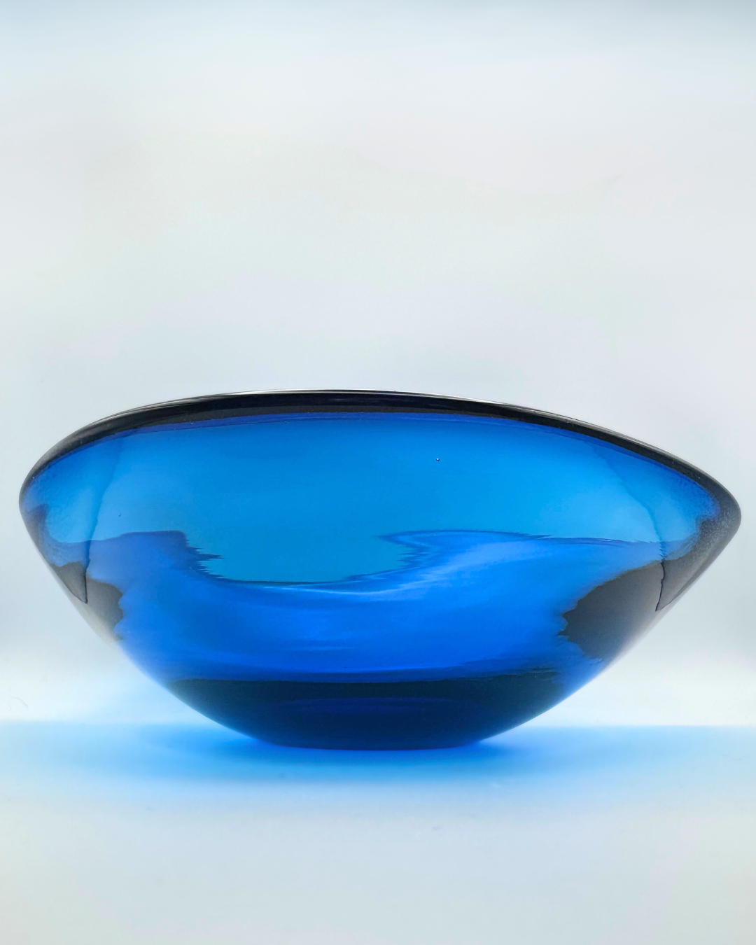 Midcentury Whitefriars #9526 Large Kingfisher Blue Tricorn Encased Glass 10" Fruit Bowl, Designed by Geoffrey Baxter, 1960s
