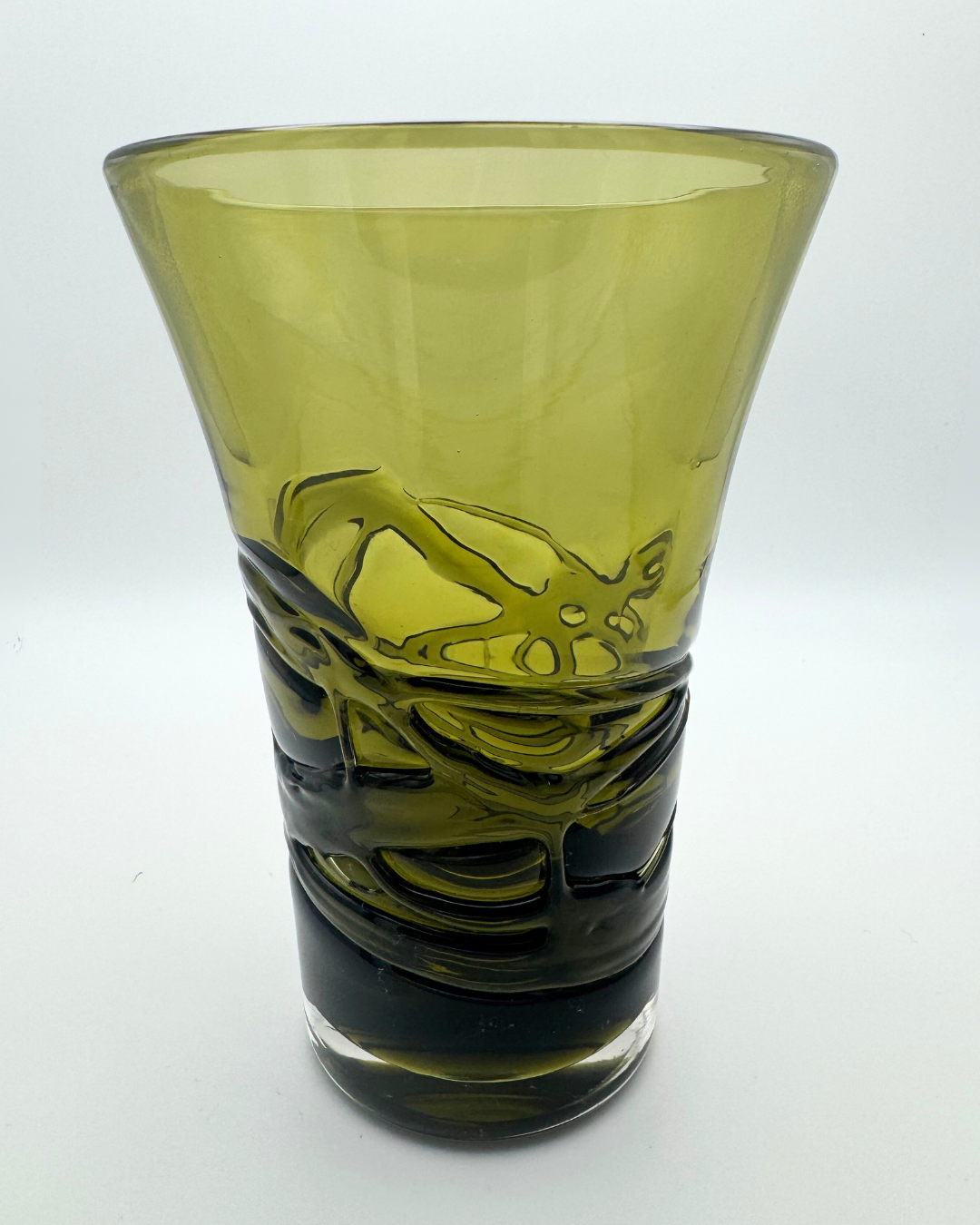 Whitefriars #9798 Sage Green Random Strapped 6" Vase. Designed by Geoffrey Baxter, 1970s