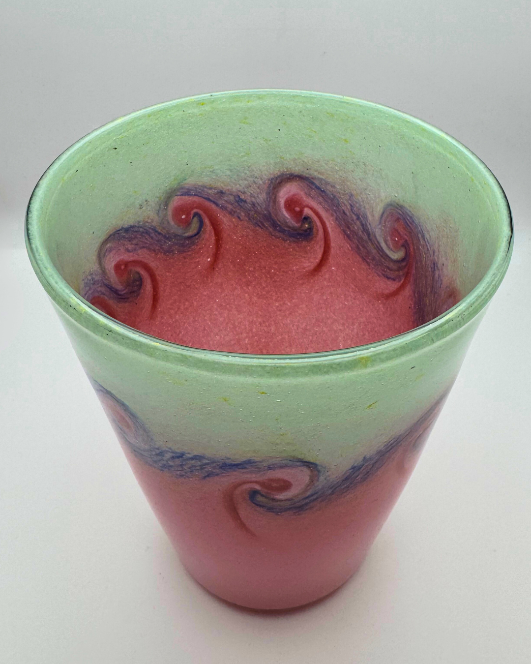 Vasart Signed V002 Salmon & Green 7½" Vase with Molten Blue & Red Swirl, 1940s/50s