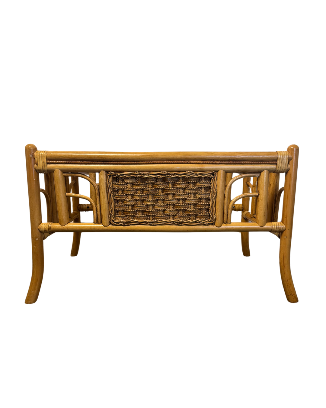 Vintage Tiki Boho Style Glass Top Cane Coffee Table with Woven Panels