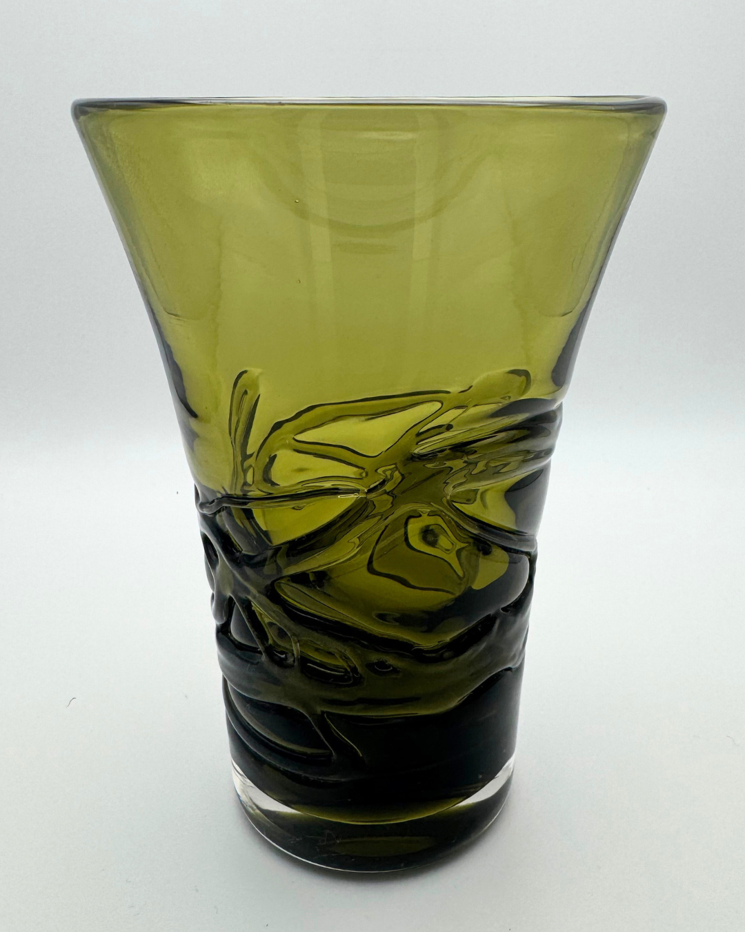 Whitefriars #9798 Sage Green Random Strapped 6" Vase. Designed by Geoffrey Baxter, 1970s