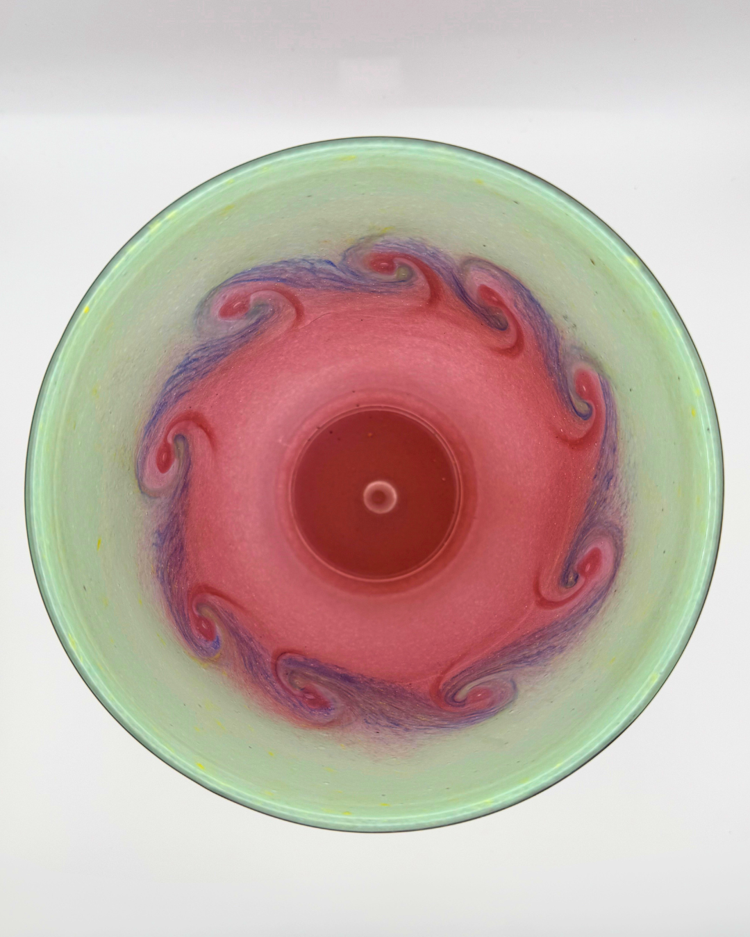 Vasart Signed V002 Salmon & Green 7½" Vase with Molten Blue & Red Swirl, 1940s/50s