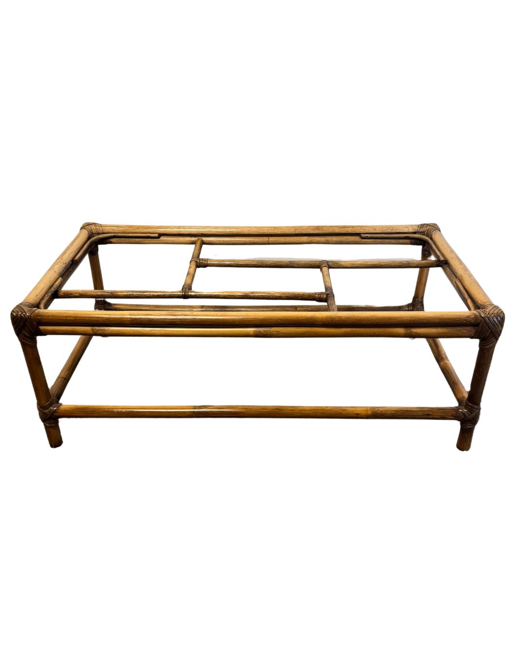 Mid-Century Vintage Smoked Glass Top Low Bamboo Coffee Table. 1960s/70s