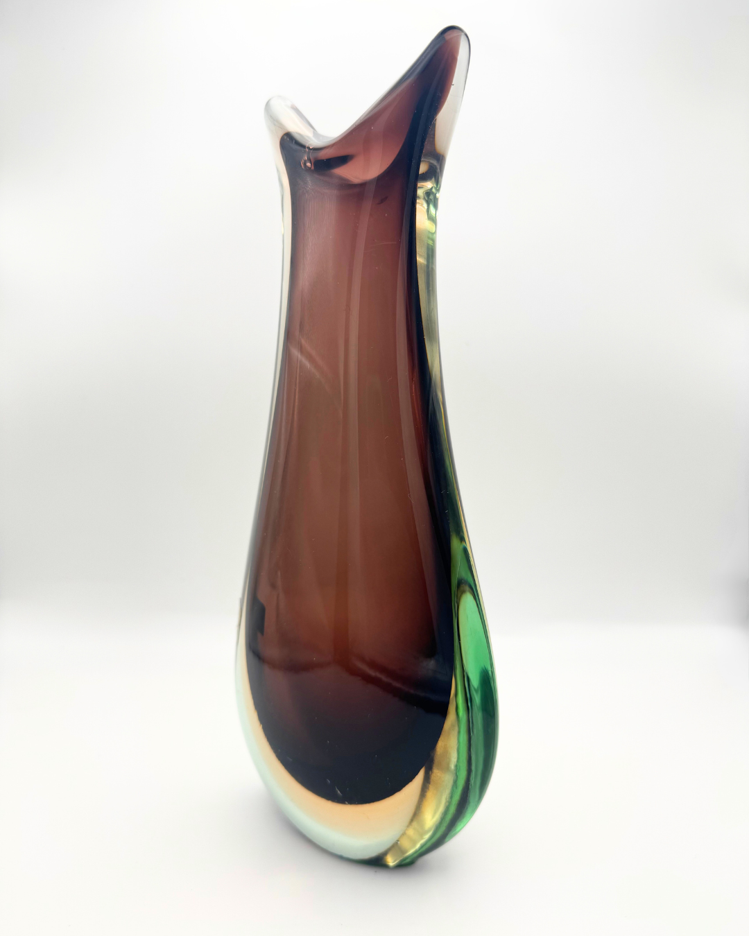 Murano Green, Amber and Chestnut Sommerso Cat Ear Vase – c. 1950s–60s