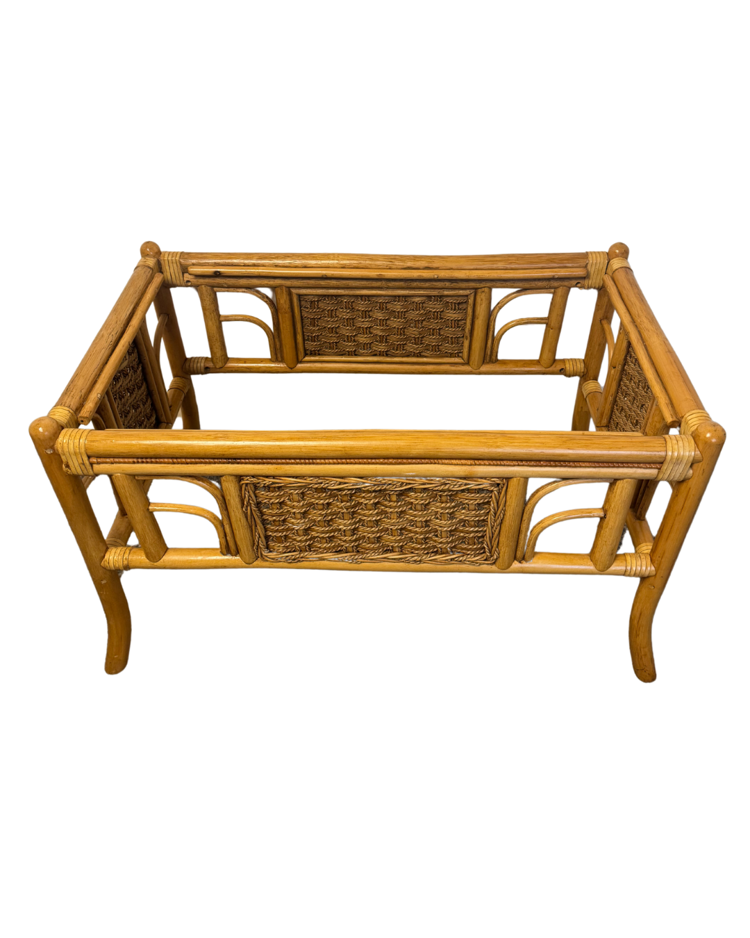 Vintage Tiki Boho Style Glass Top Cane Coffee Table with Woven Panels