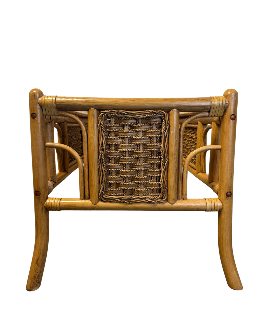 Vintage Tiki Boho Style Glass Top Cane Coffee Table with Woven Panels