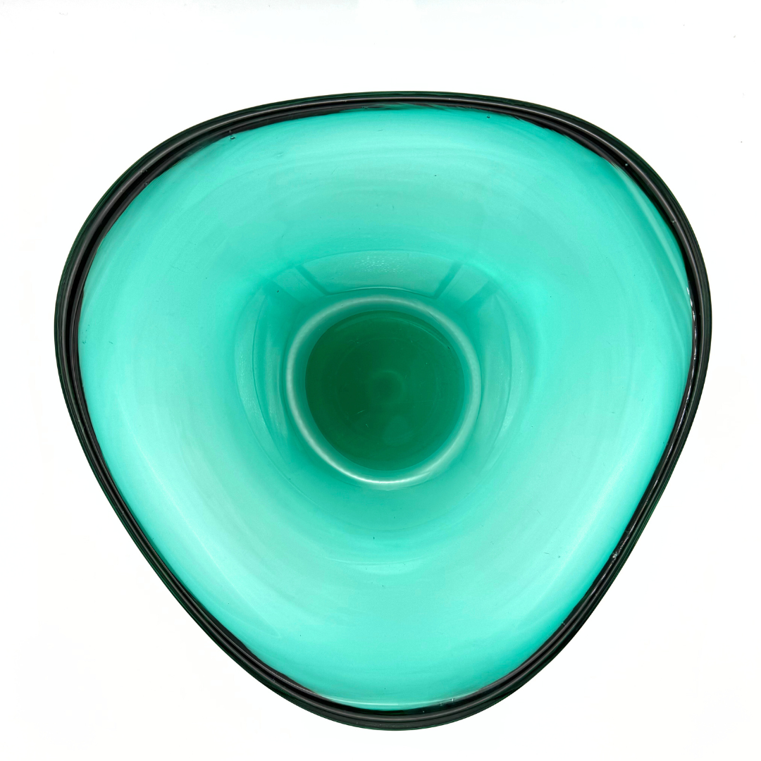 Midcentury Whitefriars #9525 Large Green Tricorn Encased Glass Fruit Bowl, Designed by Geoffrey Baxter, 1960s