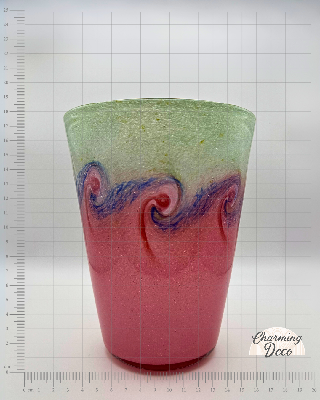 Vasart Signed V002 Salmon & Green 7½" Vase with Molten Blue & Red Swirl, 1940s/50s