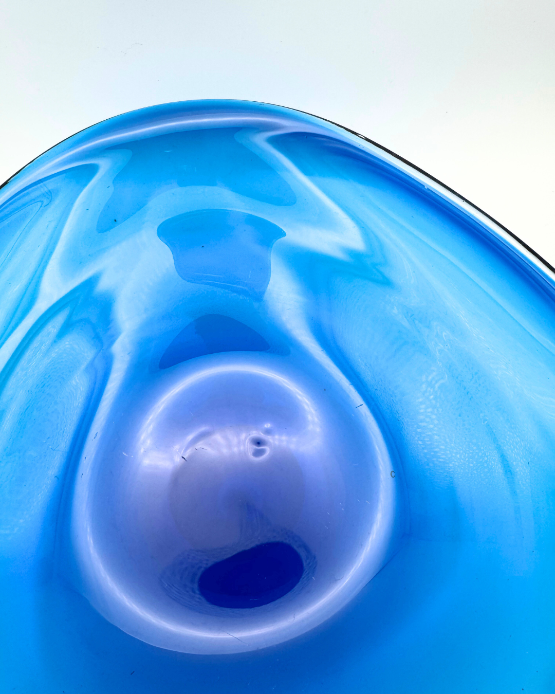 Midcentury Whitefriars #9526 Large Kingfisher Blue Tricorn Encased Glass 10" Fruit Bowl, Designed by Geoffrey Baxter, 1960s