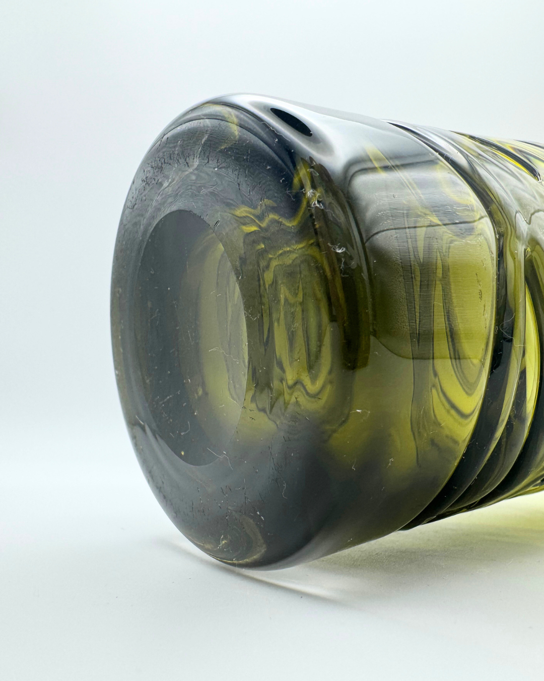 Whitefriars #9798 Sage Green Random Strapped 6" Vase. Designed by Geoffrey Baxter, 1970s