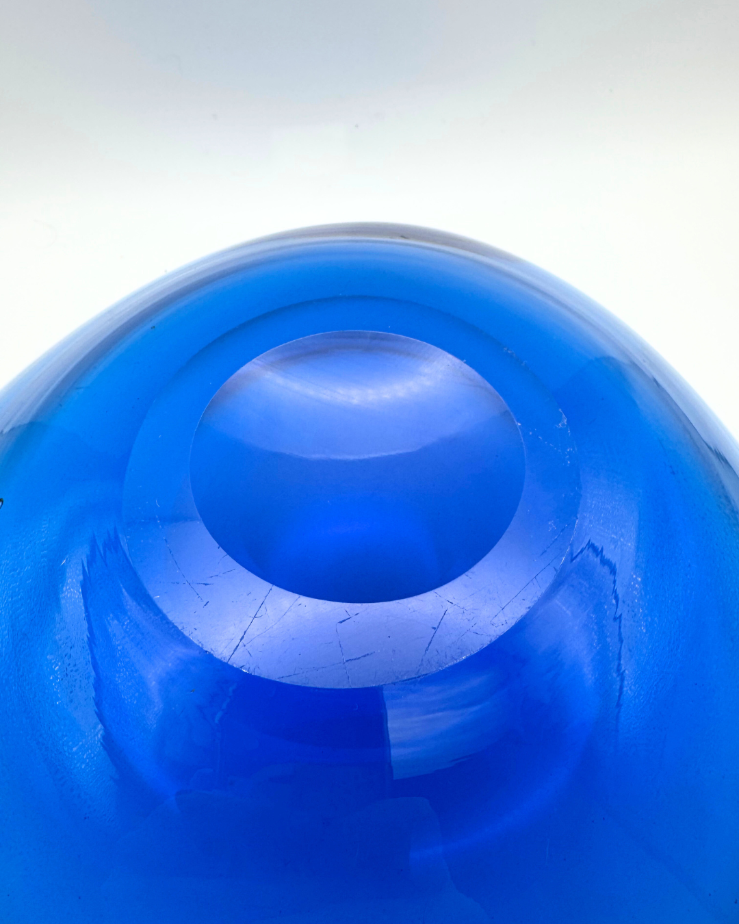 Midcentury Whitefriars #9526 Large Kingfisher Blue Tricorn Encased Glass 10" Fruit Bowl, Designed by Geoffrey Baxter, 1960s