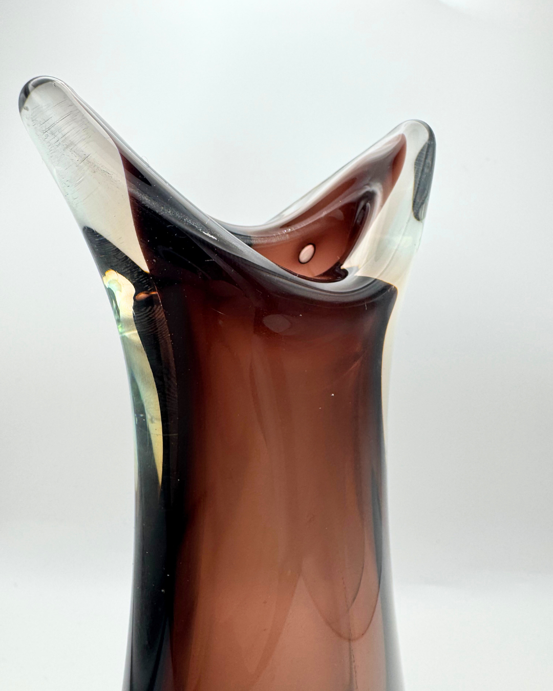 Murano Green, Amber and Chestnut Sommerso Cat Ear Vase – c. 1950s–60s