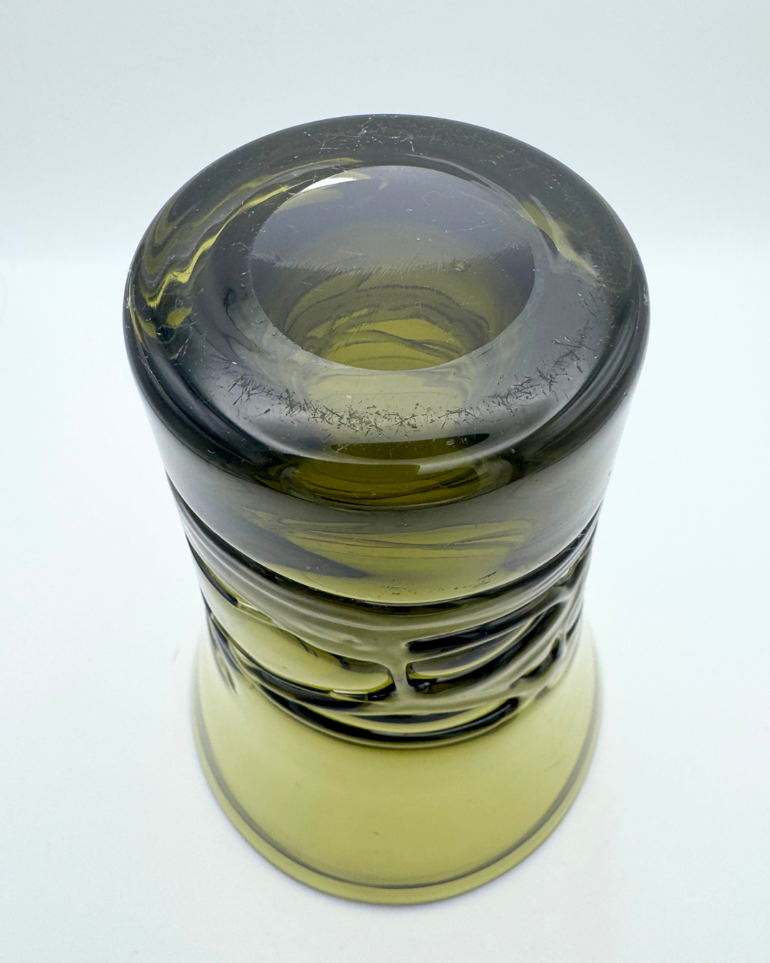 Whitefriars #9798 Sage Green Random Strapped 6" Vase. Designed by Geoffrey Baxter, 1970s