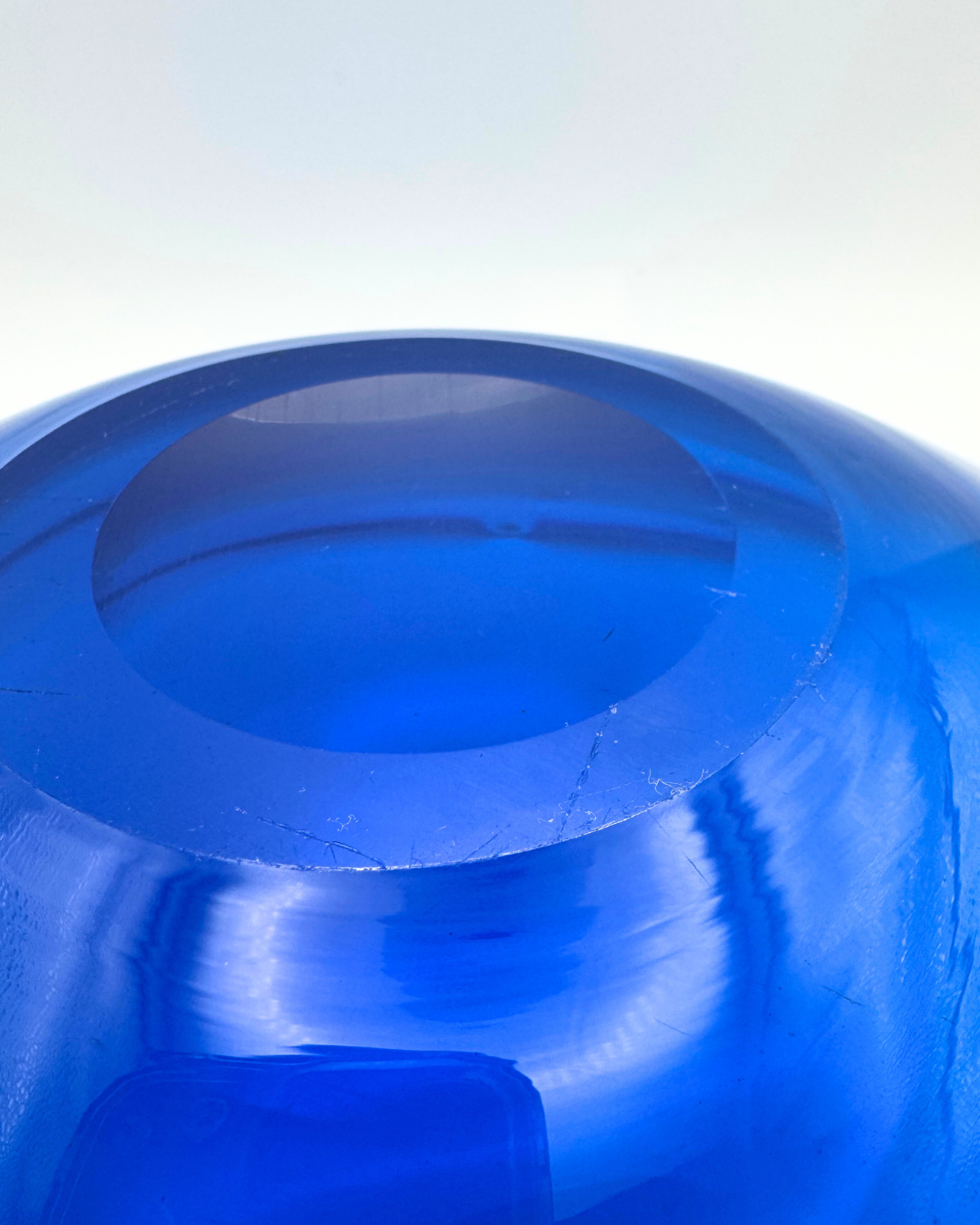 Midcentury Whitefriars #9526 Large Kingfisher Blue Tricorn Encased Glass 10" Fruit Bowl, Designed by Geoffrey Baxter, 1960s