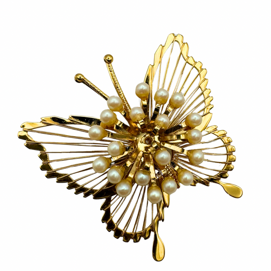 VINTAGE Monet Gold Tone Butterfly Brooch with Faux Pearls