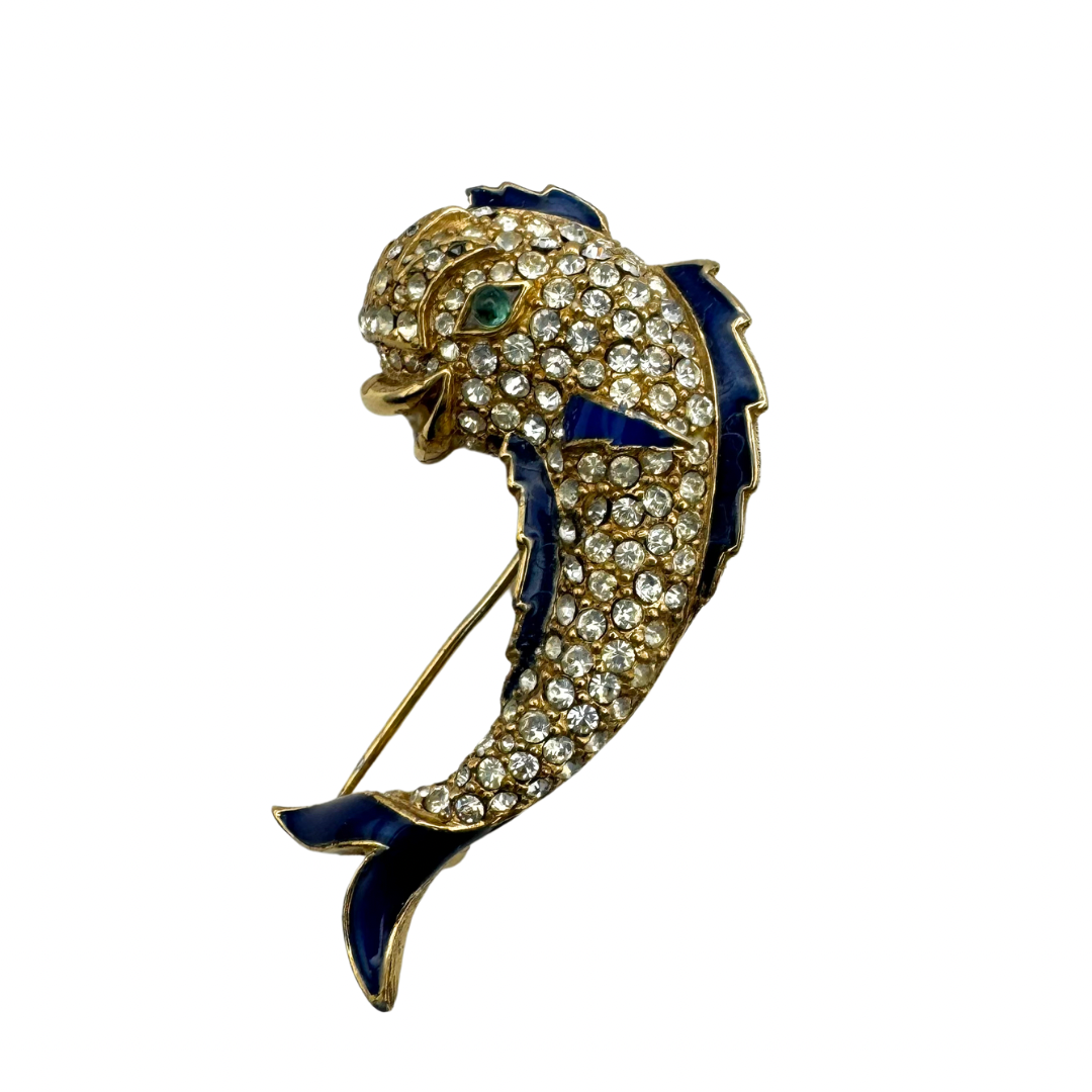 Vintage Ciner Fish Brooch, Collectible Signed Ciner, Embellished Pave Ice Rhinestones, Blue Enamel, Green Crystal Eye