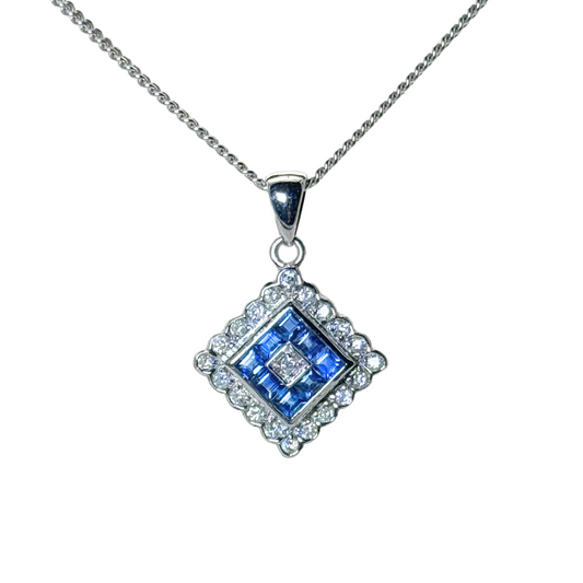 18ct White Gold 0.30ct Sapphire & Diamond Cluster Pendant, 9ct 16.5" white gold chain