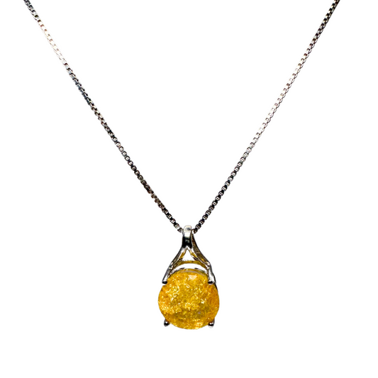 Sterling Silver Yellow Crackle Quartz Pendant with Sterling Silver 18" Box Chain Necklace