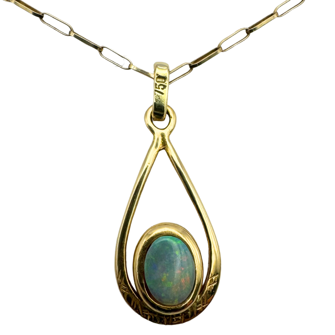 Vintage 18ct Gold Opal Teardrop Pendant with 20" 9ct Necklace and Opal Earring set