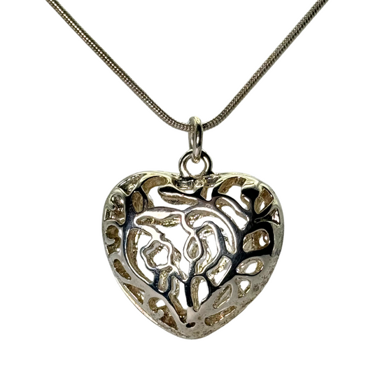 Vintage Sterling Silver Filigree Heart Pendant with 18" Sterling Silver Snake Chain