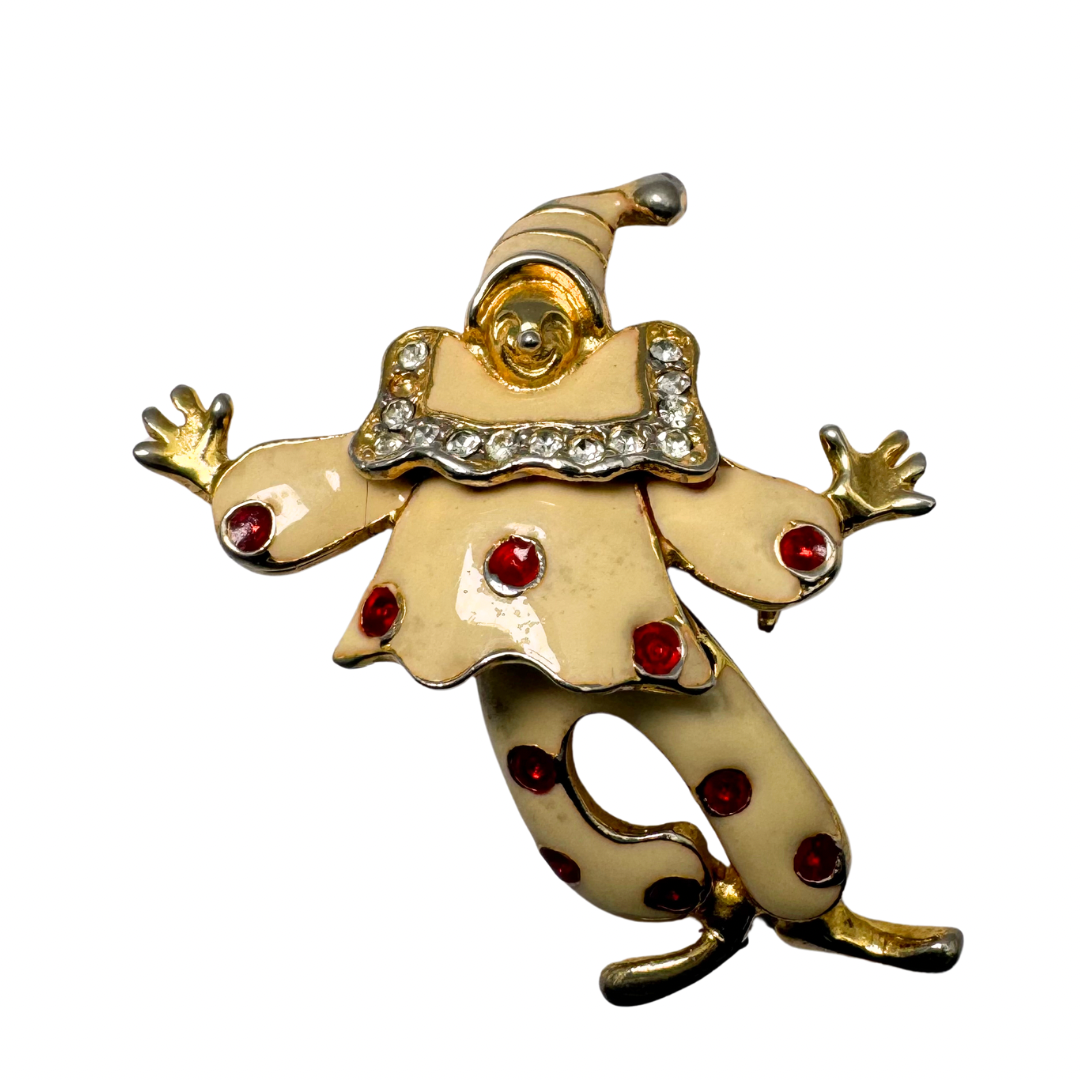 Vintage Enamel & Crystal Rhinestone Clown Brooch/Pendant with Articulated Legs