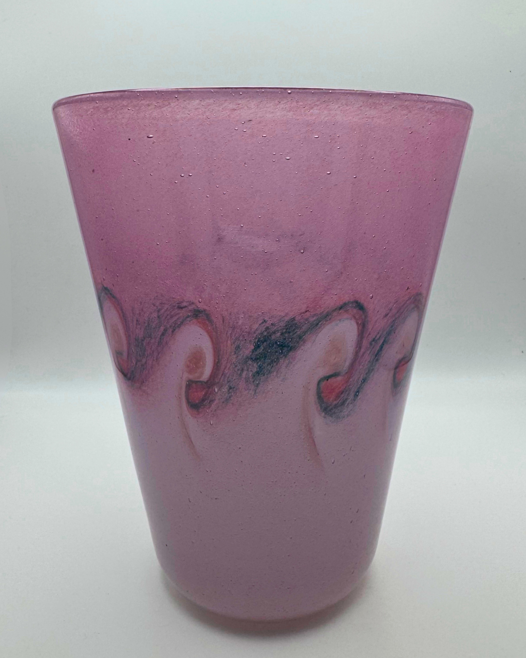 Vasart Signed V002 Pink & Purple 7" Vase with Molten Blue Swirl, 1940s/50s