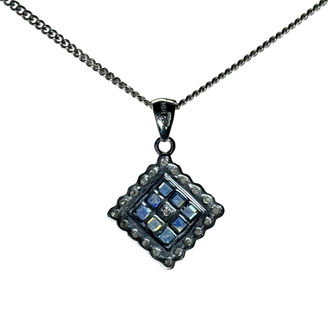 18ct White Gold 0.30ct Sapphire & Diamond Cluster Pendant, 9ct 16.5" white gold chain