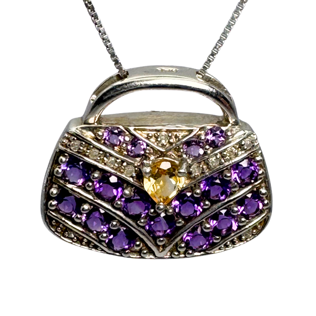 Amethyst Diamond and Citrine Sterling Silver Handbag Pendant and 17.5" Sterling Silver Necklace