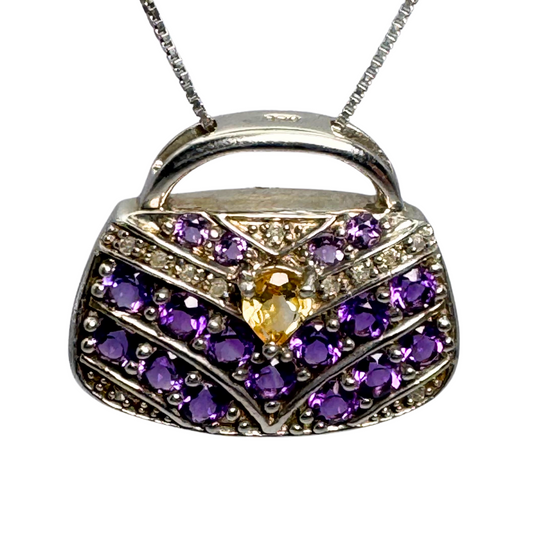 Amethyst Diamond and Citrine Sterling Silver Handbag Pendant and 17.5" Sterling Silver Necklace