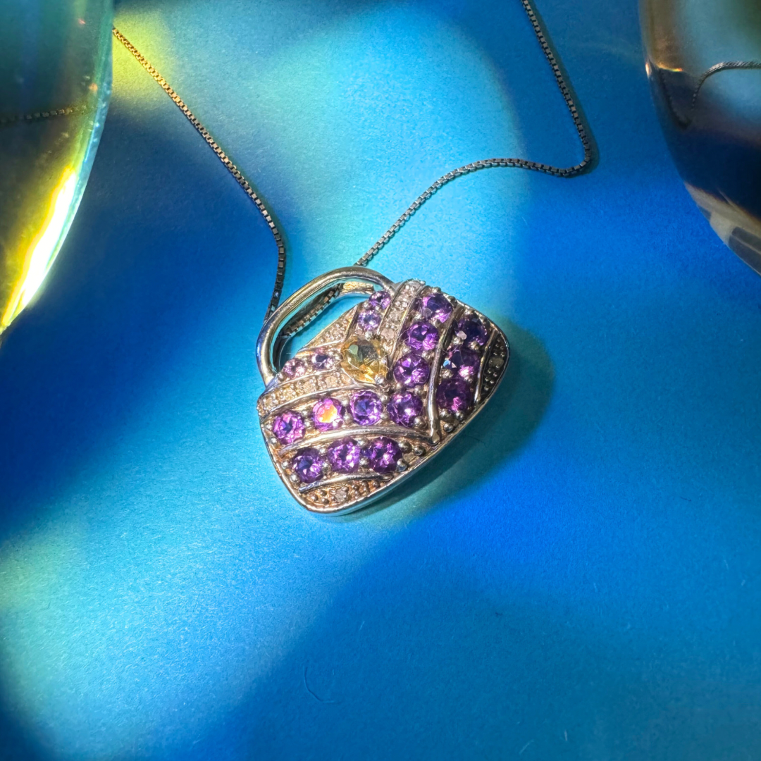 Amethyst Diamond and Citrine Sterling Silver Handbag Pendant and 17.5" Sterling Silver Necklace