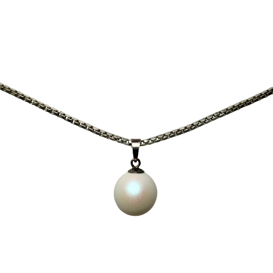 Cultured White Pearl Pendant set in Sterling Silver on 16" Sterling Silver Box Chain Necklace