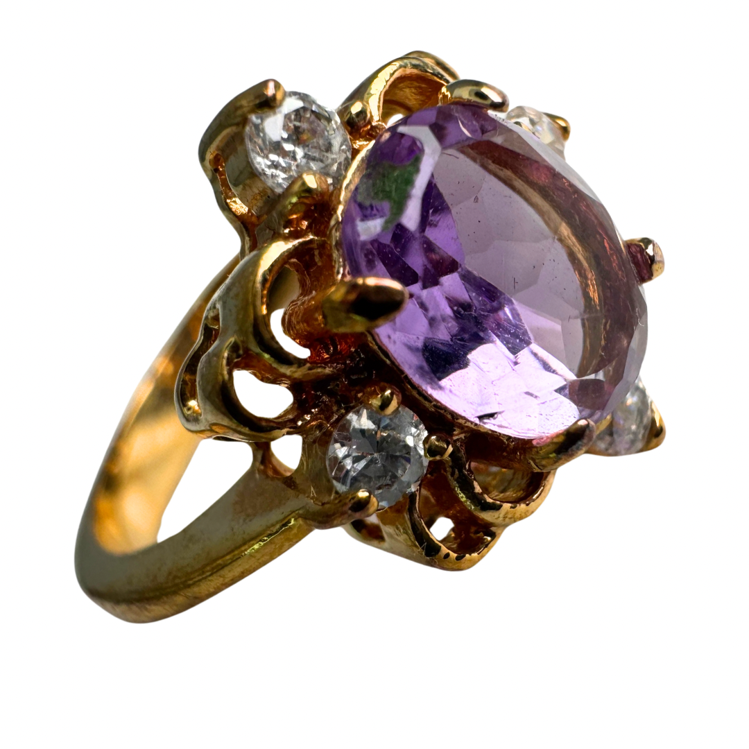 Amethyst and Paste Gem Ring Set in Gold-Tone Shank