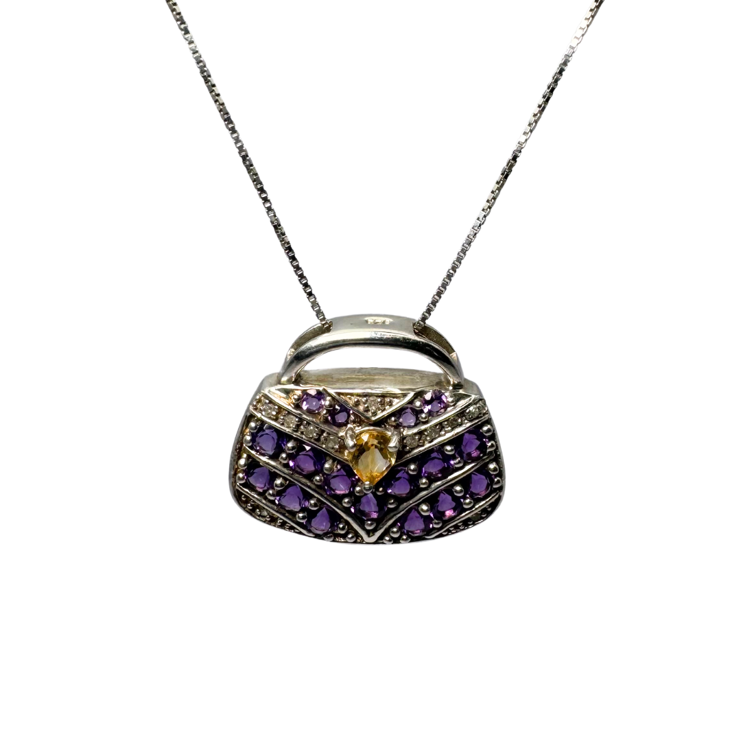 Amethyst Diamond and Citrine Sterling Silver Handbag Pendant and 17.5" Sterling Silver Necklace