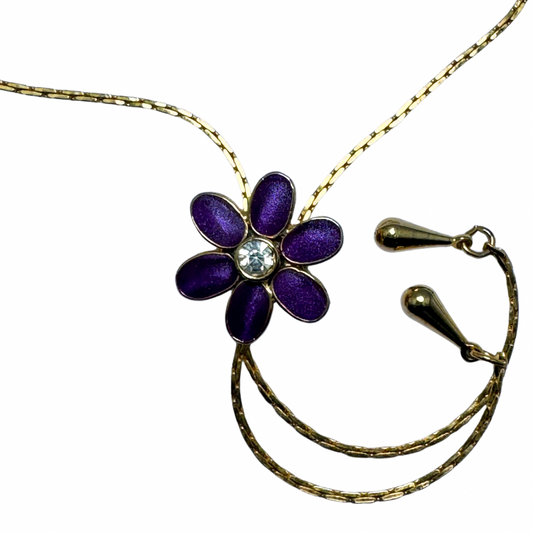 Vintage Purple enamelled floral slide lariat necklace with rhinestones.