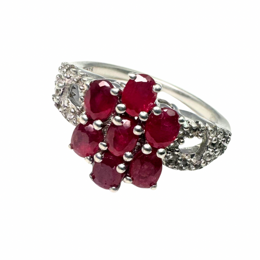 Vintage Ruby and White Gemstone Cluster Ring Set in Sterling Silver