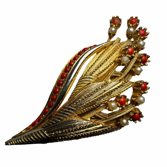 Antique Gold-tone Brooch set with Pearl & Red Coral