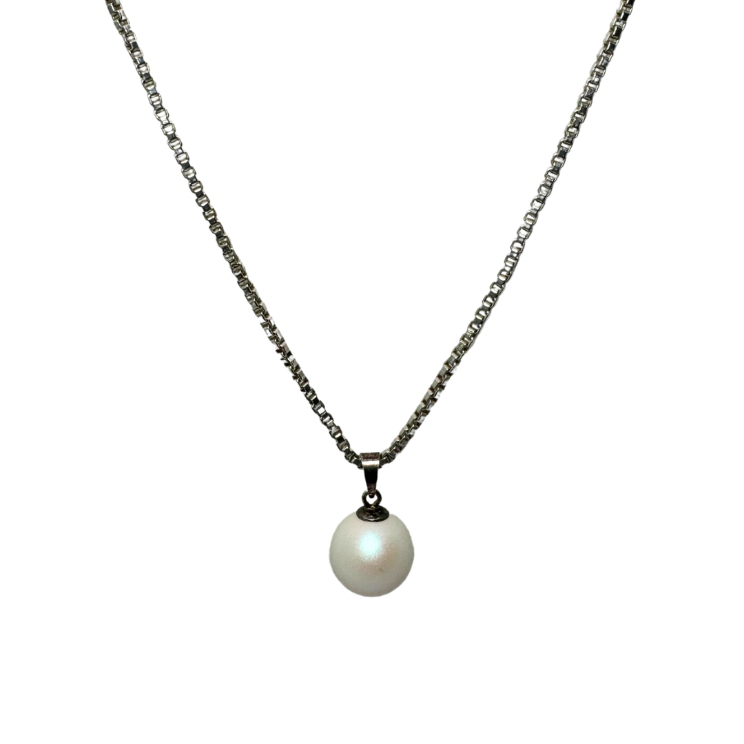 Cultured White Pearl Pendant set in Sterling Silver on 16" Sterling Silver Box Chain Necklace