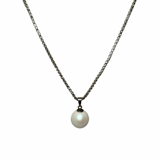 Cultured White Pearl Pendant set in Sterling Silver on 16" Sterling Silver Box Chain Necklace