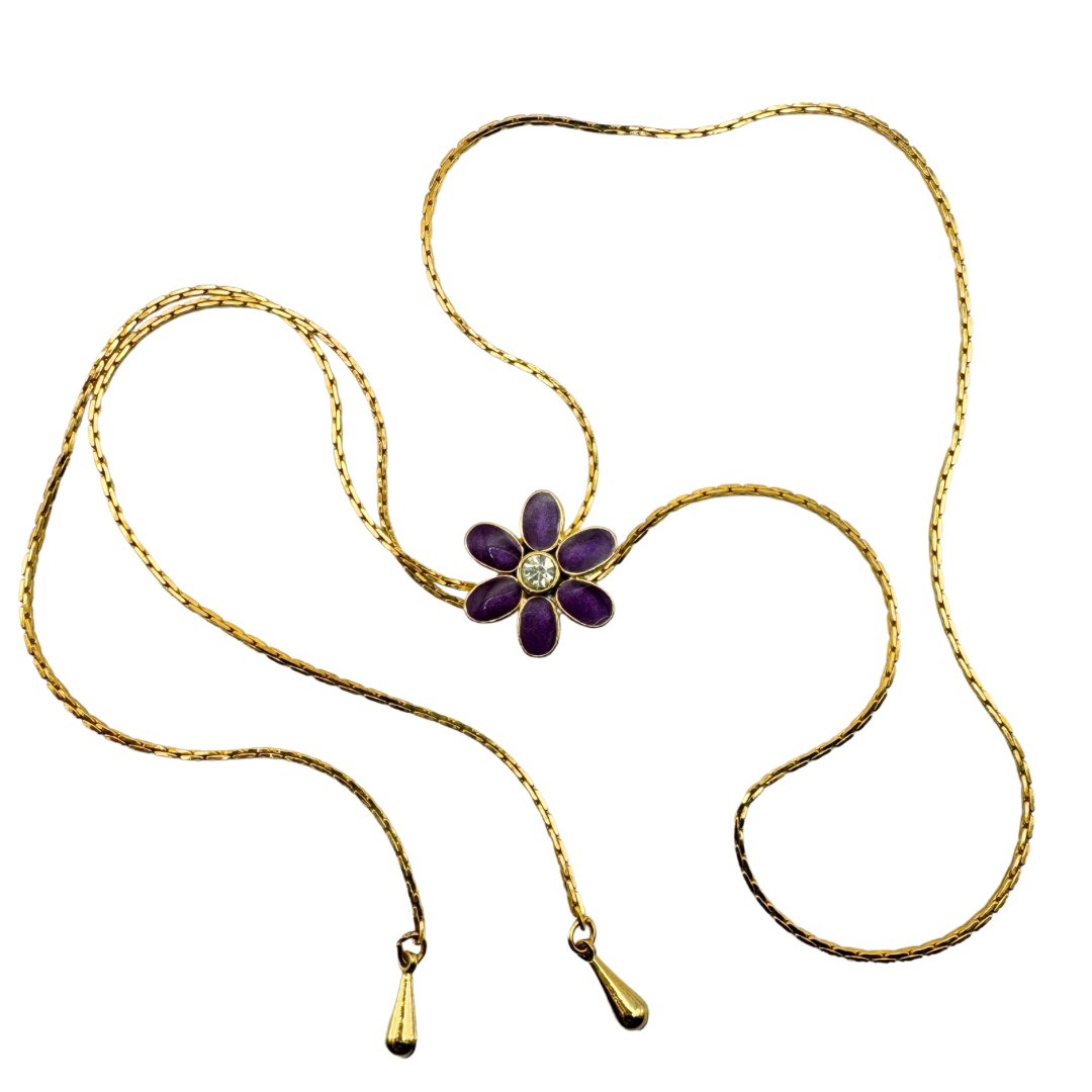 Vintage Purple enamelled floral slide lariat necklace with rhinestones.