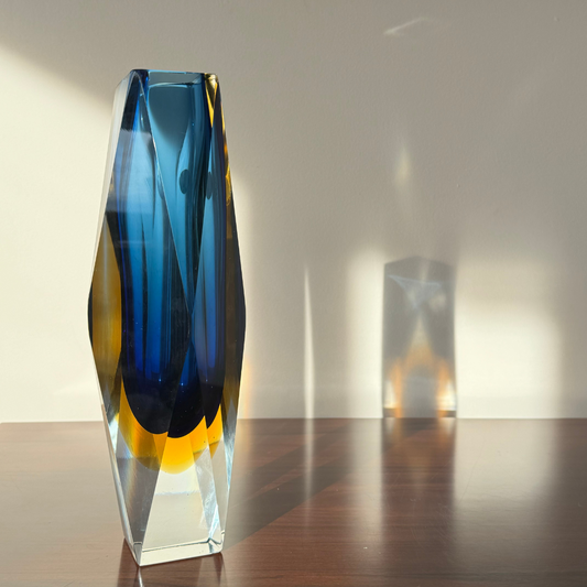 Extra Large Mid Century Bucella Cristalli Murano Cobolt Blue & Amber Sommerso San Marco Glass Vase Attributed to Mandruzzato